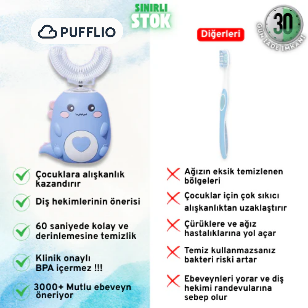 PUFFLIO 360 Derece U Şeklinde Şarjlı Çocuk Diş Fırçası